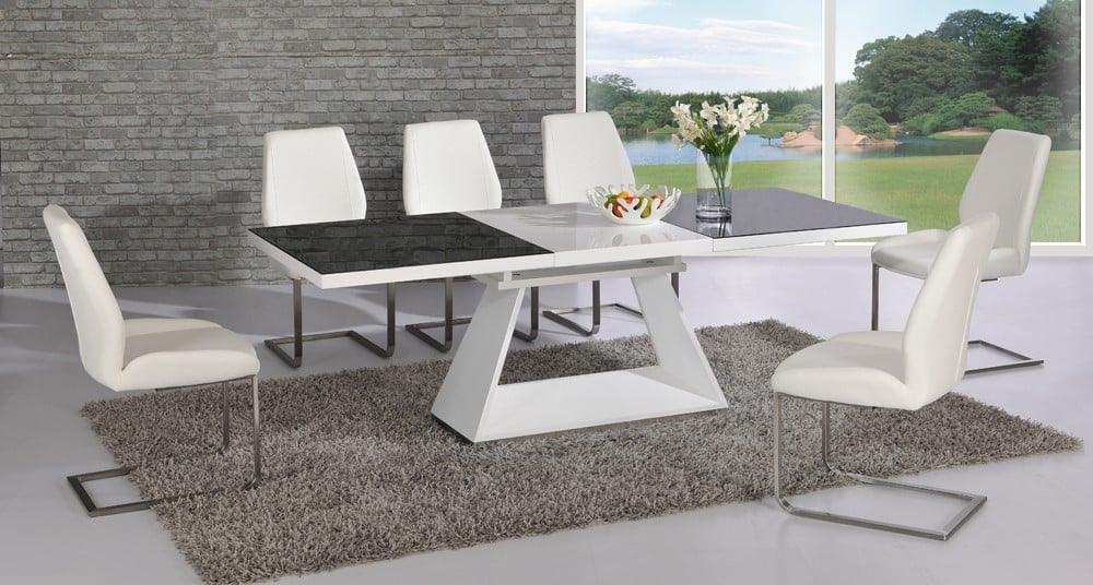 Amsterdam White Glass And Gloss Extending Dining Table 6 Chairs