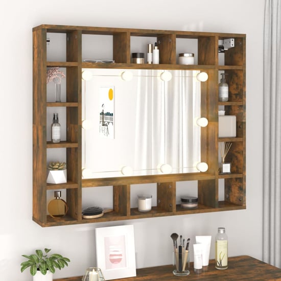 Dublin Wooden Dressing Mirrored Cabinet In Smoked Oak With LED