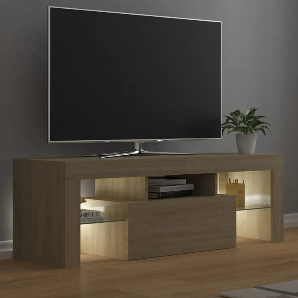 Dubuque Wooden TV Stand With 2 Glass Shelves And LED - Sonoma Oak