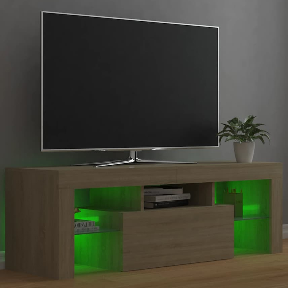 Dubuque Wooden TV Stand With 2 Glass Shelves And LED - Sonoma Oak