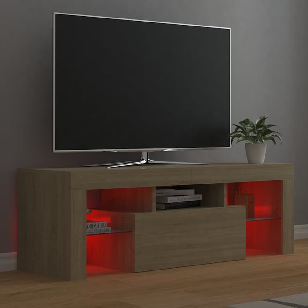 Dubuque Wooden TV Stand With 2 Glass Shelves And LED - Sonoma Oak