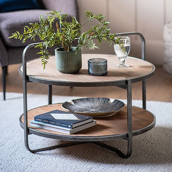 Photo of Dudley round wooden coffee table with metal frame in natural