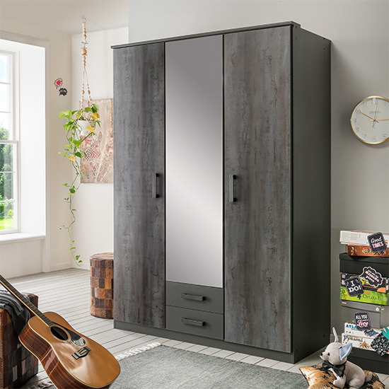 Read more about Duisburg wooden wardrobe in graphite with 1 mirror and 2 doors