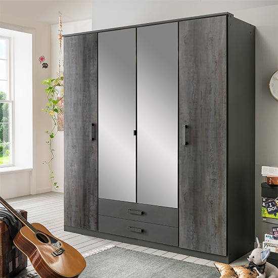 Photo of Duisburg wooden wide wardrobe in graphite with 2 mirrors