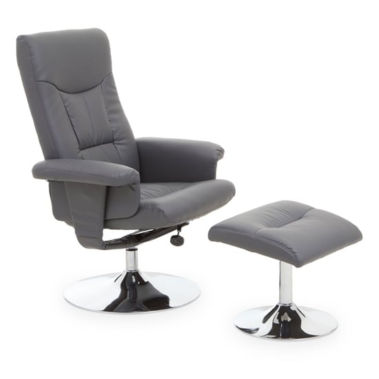 Dumai Leather Recliner Chair With Footstool In Grey