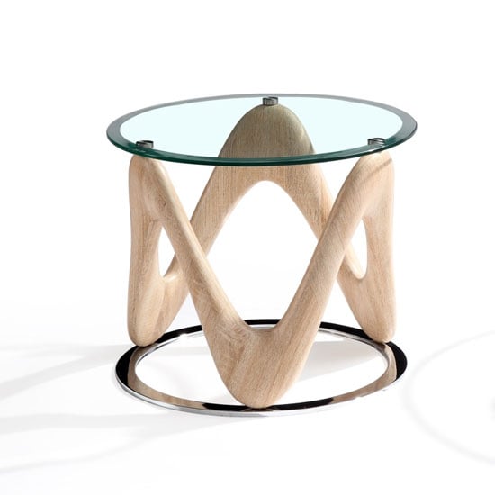 Read more about Dunic round glass end table in sonoma oak and chrome base