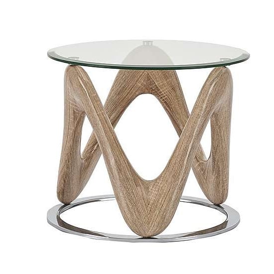 Photo of Dunic glass lamp table round in sonoma oak and chrome