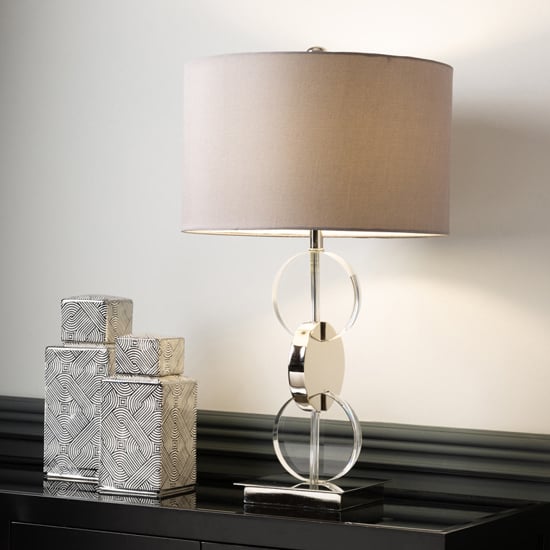 Photo of Dunn dark grey faux silk shade table lamp with chrome base