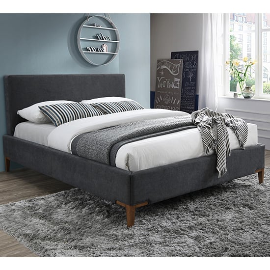 Durban Fabric Double Bed In Dark Grey With Oak Legs