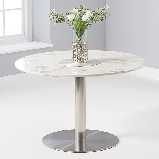 Dutren Round High Gloss Marble Effect Dining Table In White_1