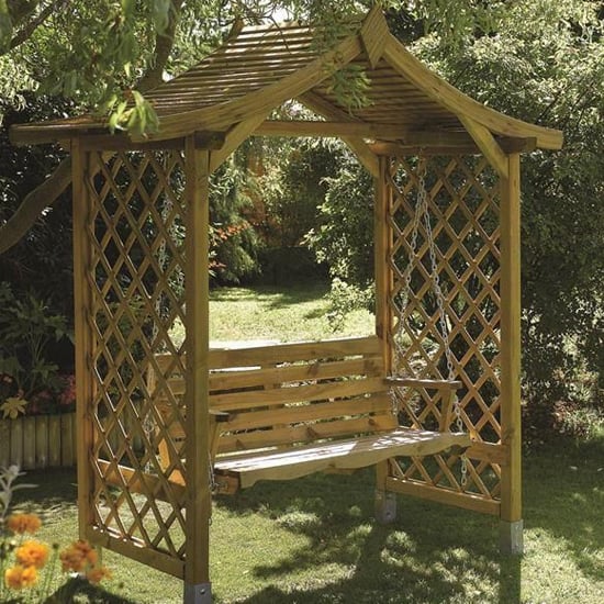 Read more about Dyce wooden arbour in natural timber with swinging seat