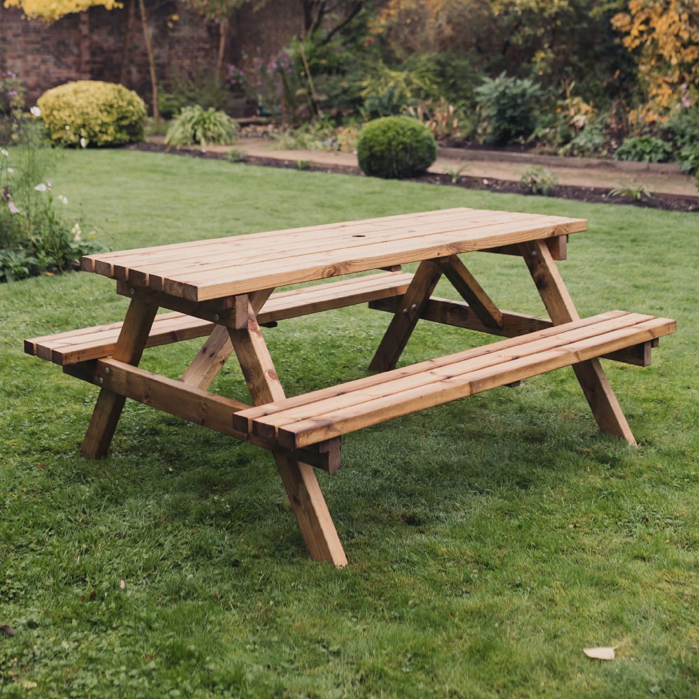 Product photograph of Dyersville Large Wooden Garden Picnic Dining Set In Natural from Furniture in Fashion