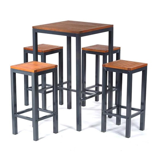Read more about Dylan wooden square bar table set with 4 stools in brown