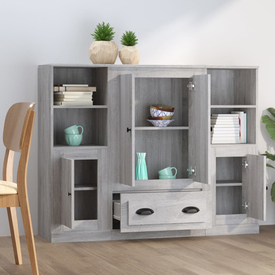 Dylan Wooden Highboard 4 Doors 2 Drawers In Grey Sonoma Oak