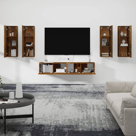 Dyllis Wooden Living Room Furniture Set In Smoked Oak