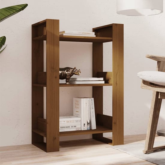 Photo of Dylon pine wood bookcase and room divider in honey brown