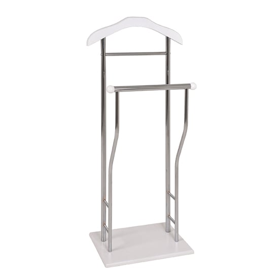 Product photograph of Eagar Metal Valet Stand In Chrome With White Wooden Base from Furniture in Fashion