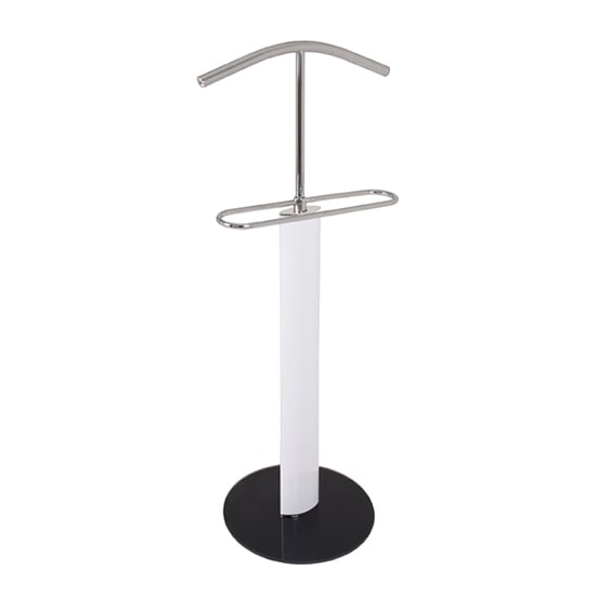 Photo of Eagar metal valet stand in chrome and white high gloss