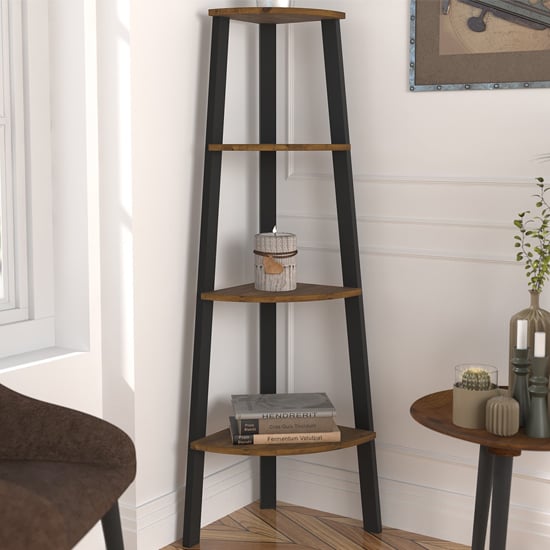 Elsenham Rustic Wooden Corner Shelving Unit In Oak FiF