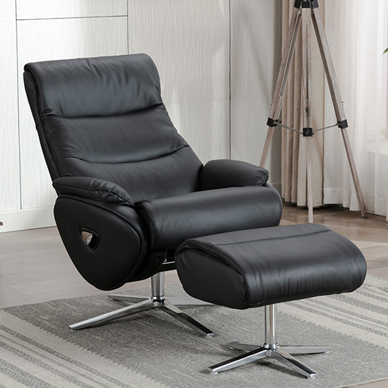 Earl Leather Match Swivel Recliner Chair And Footstool In Black