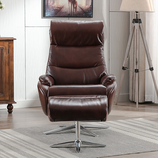 Earl Leather Match Swivel Recliner Chair And Footstool In Brown