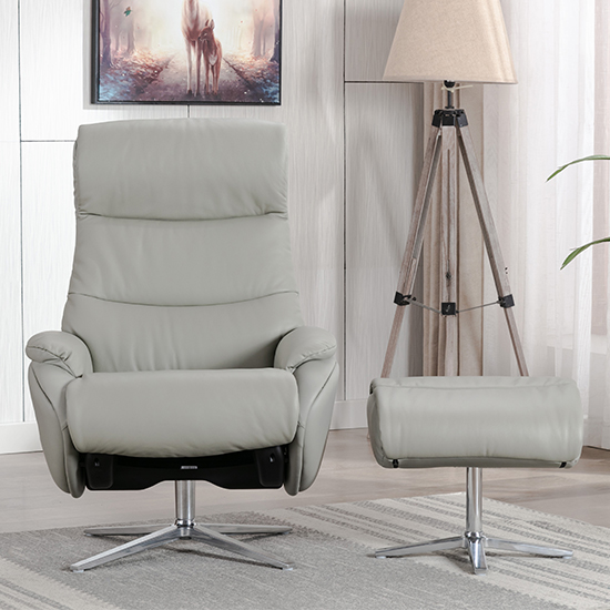 Earl Leather Match Swivel Recliner Chair And Footstool In Grey