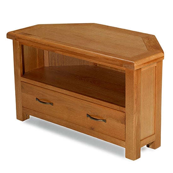 Read more about Earls wooden corner tv unit in chunky solid oak with 1 drawer
