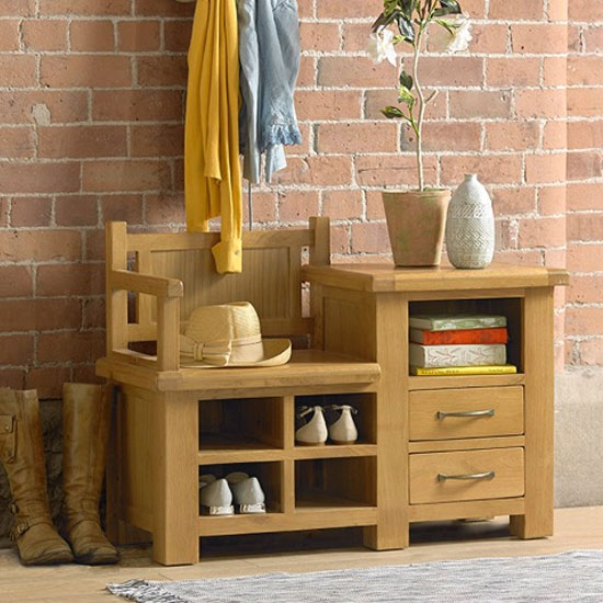 Product photograph of Earls Wooden Hallway Bench With Shoe Storage In Chunky Solid Oak from Furniture in Fashion