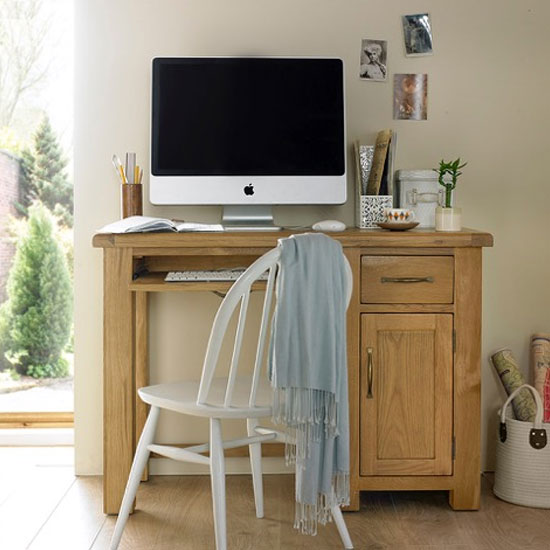 Photo of Earls wooden single computer desk in chunky solid oak