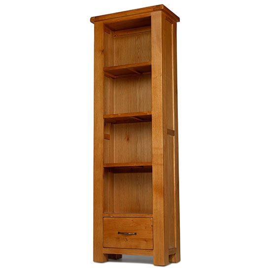 Product photograph of Earls Wooden Slim Bookcase In Chunky Solid Oak With 1 Drawer from Furniture in Fashion