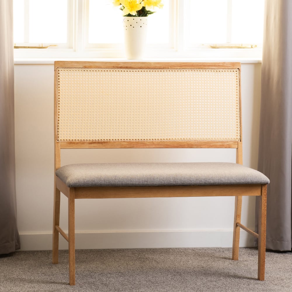 Read more about Earlville wooden dining bench with grey fabric seat in oak