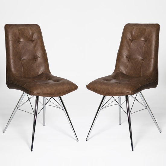 Eason Dining Chair In Antique Brown PU And Chrome Legs In A Pair
