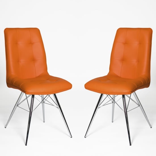 Eason Dining Chair In Orange Pu With, Brown Faux Leather Dining Chairs With Chrome Legs