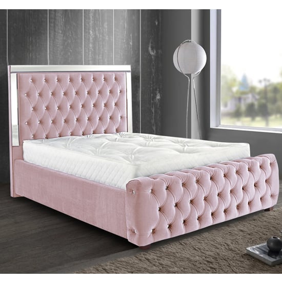 Eastcote Plush Velvet Mirrored Double Bed In Pink
