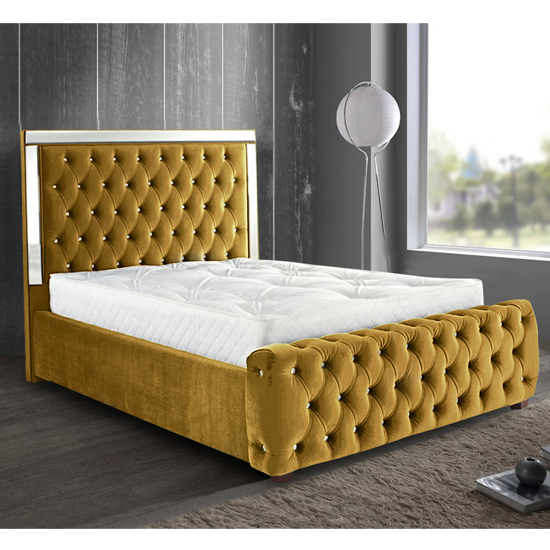 Product photograph of Eastcote Plush Velvet Mirrored Super King Size Bed In Mustard from Furniture in Fashion