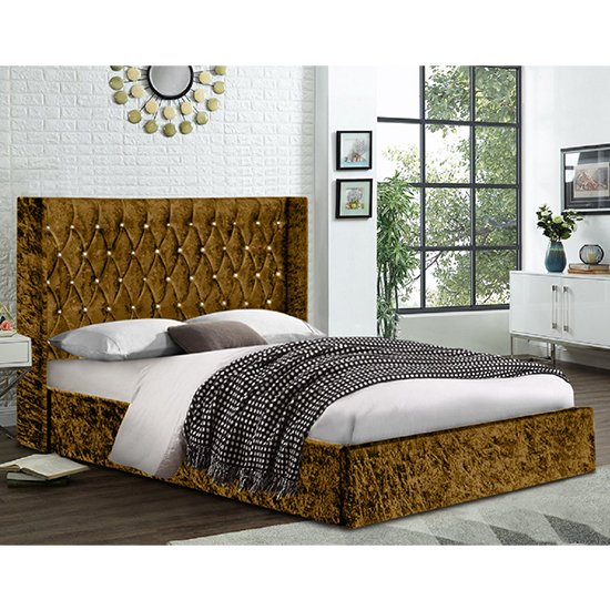 Eastlake Crushed Velvet King Size Bed In Mustard Furniture in Fashion
