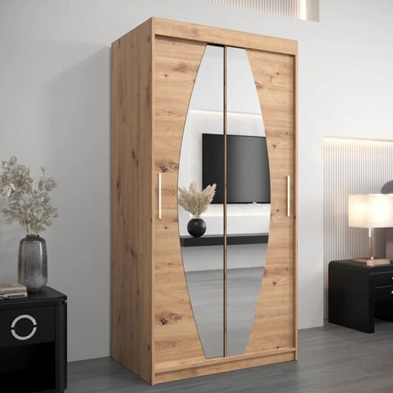 Product photograph of Eden Mirrored Wardrobe 2 Sliding Doors 100cm In Artisan Oak from Furniture in Fashion