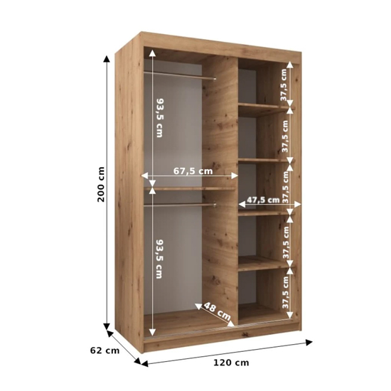 Eden Mirrored Wardrobe 2 Sliding Doors 120cm In Artisan Oak