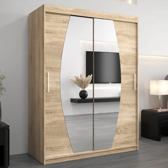 Product photograph of Eden Mirrored Wardrobe 2 Sliding Doors 150cm In Sonoma Oak from Furniture in Fashion