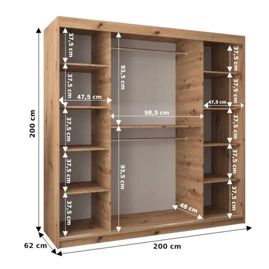 Eden Mirrored Wardrobe 2 Sliding Doors 200cm In Artisan Oak