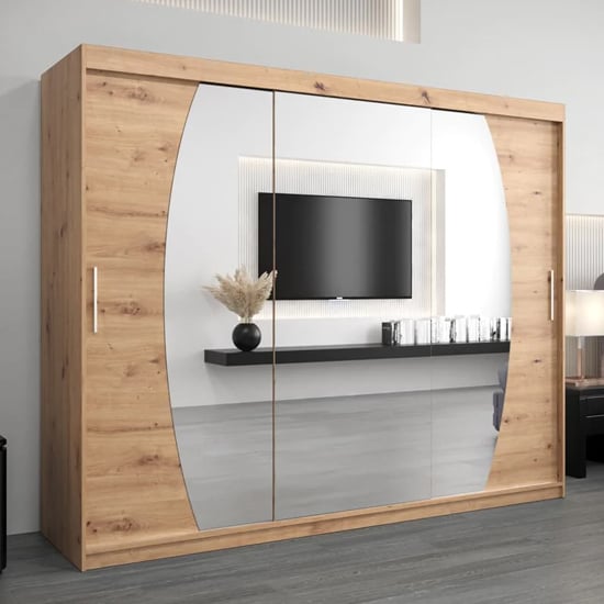 Product photograph of Eden Mirrored Wardrobe 3 Sliding Doors 250cm In Artisan Oak from Furniture in Fashion