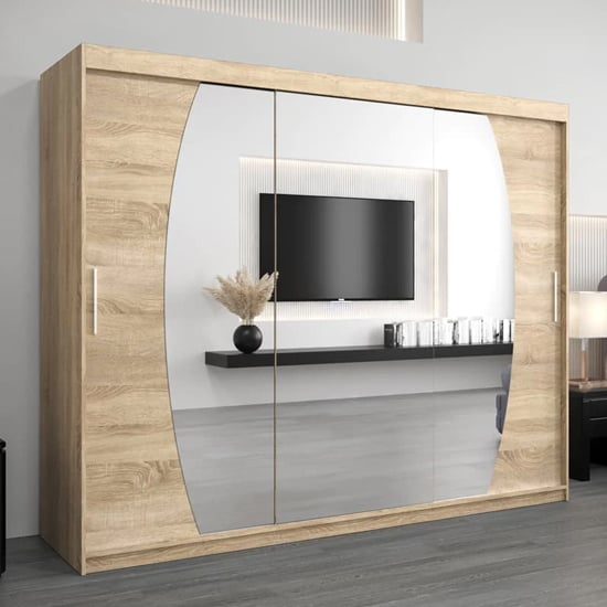 Product photograph of Eden Mirrored Wardrobe 3 Sliding Doors 250cm In Sonoma Oak from Furniture in Fashion