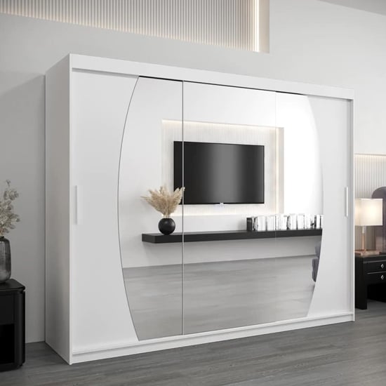 Product photograph of Eden Mirrored Wardrobe 3 Sliding Doors 250cm In White from Furniture in Fashion