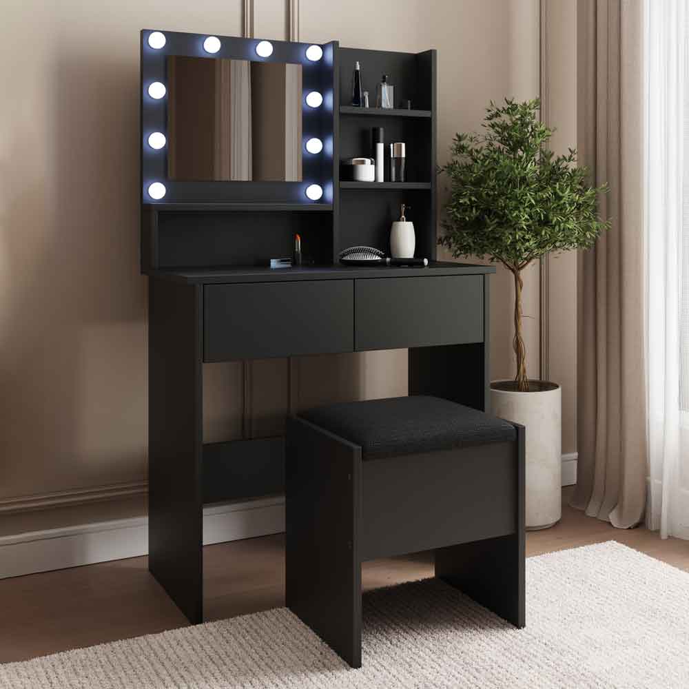 Eden Wooden Dressing Table Set in Black and LED