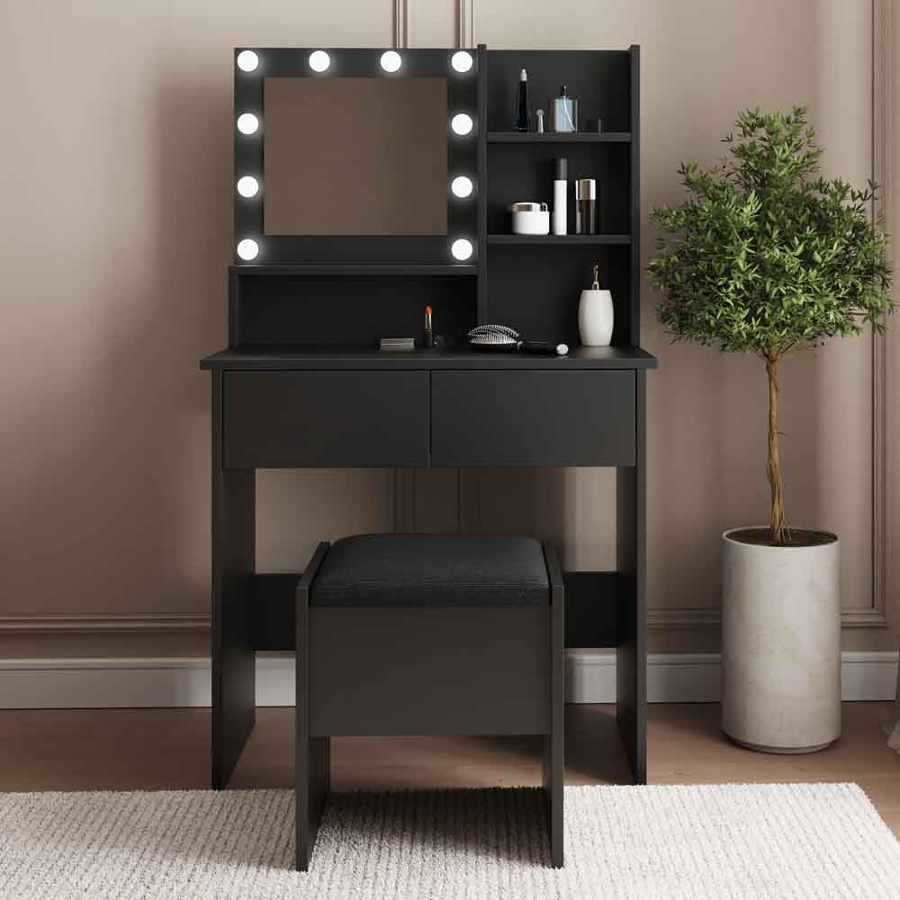 Eden Wooden Dressing Table Set in Black and LED