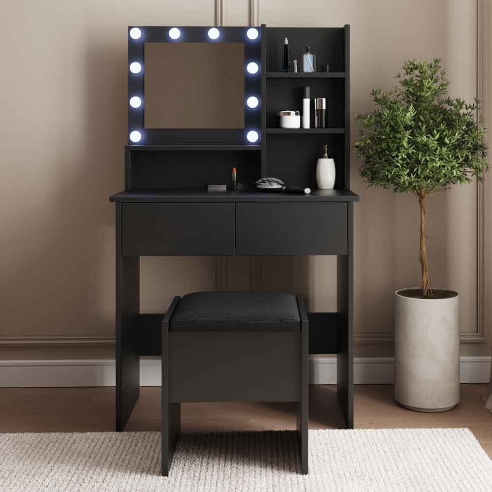 Eden Wooden Dressing Table Set in Black and LED