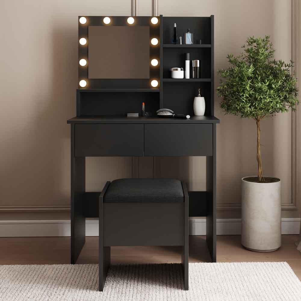 Eden Wooden Dressing Table Set in Black and LED