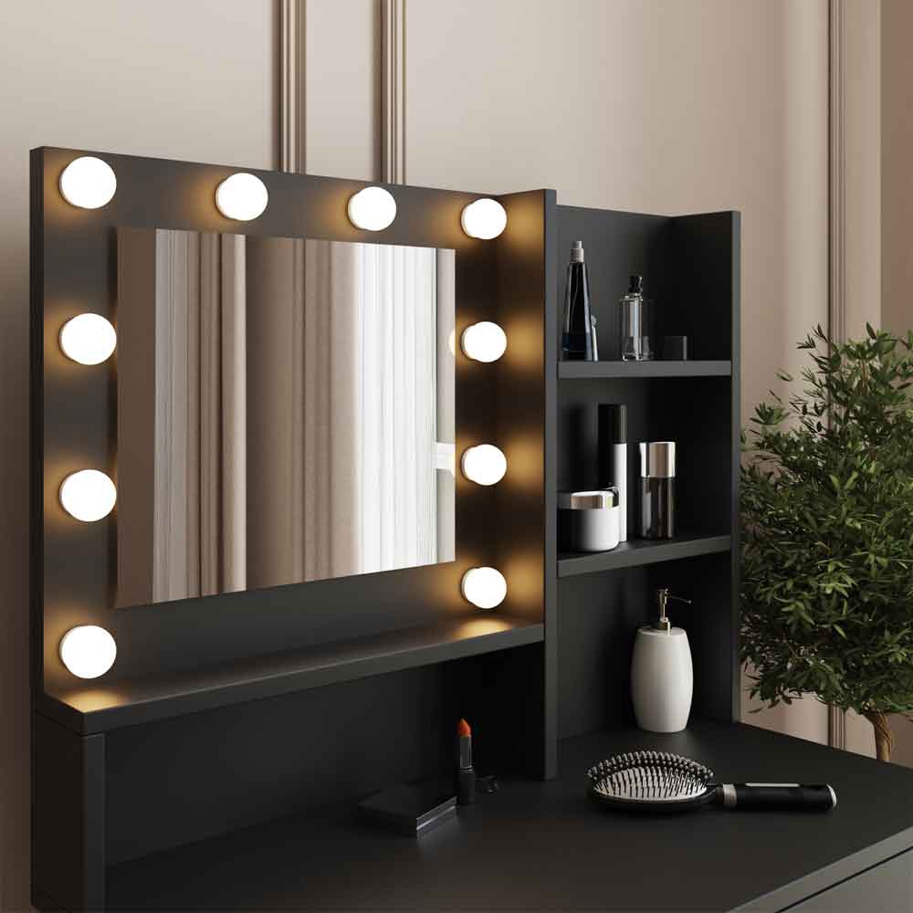 Eden Wooden Dressing Table Set in Black and LED