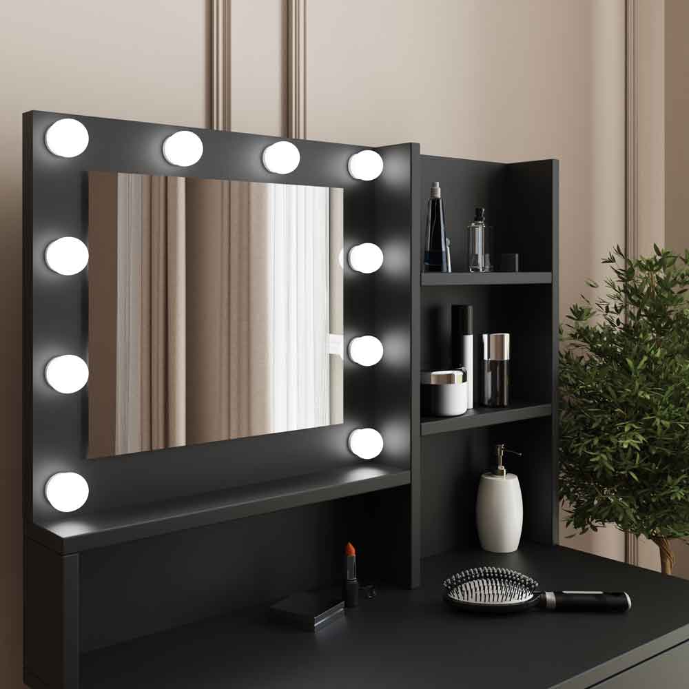 Eden Wooden Dressing Table Set in Black and LED