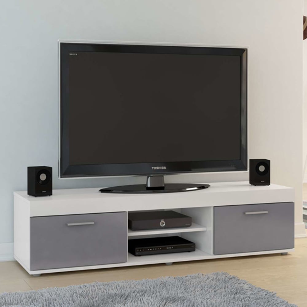 Edged High Gloss TV Stand With 2 Doors In Grey And White